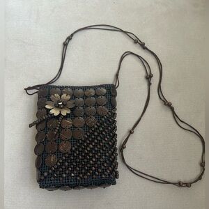 Handwoven Brown Wooden Buttons & Beaded Women's Crossbody Bag NWOT